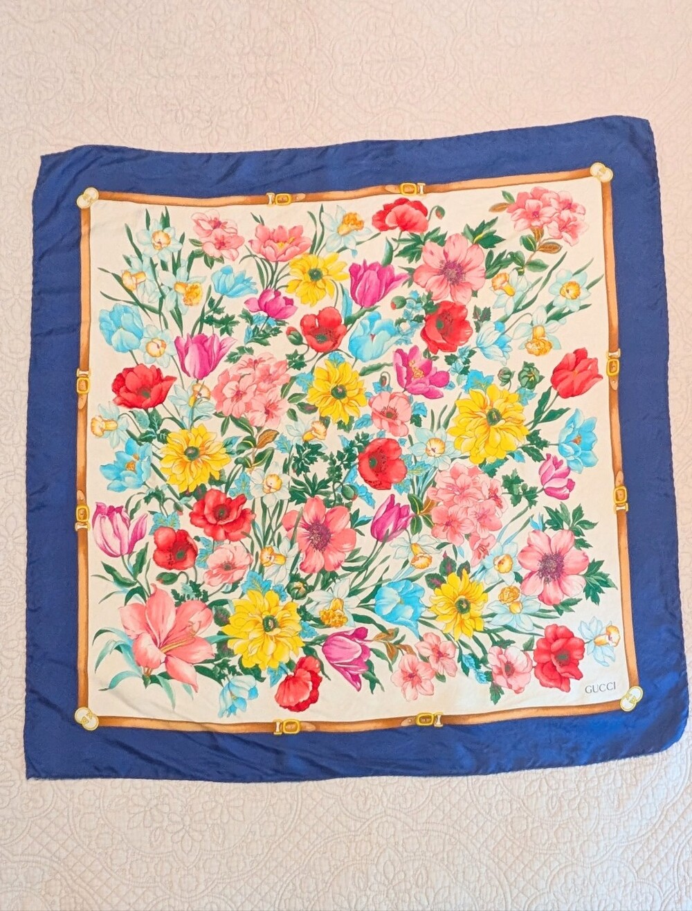 Gucci Brilliant Bright Floral Buckle Pattern 100% Silk Rolled Edges 33.5" Scarf